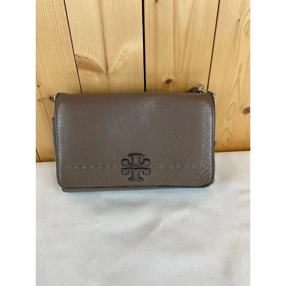Tory Burch Brown Leather Crossbody Purse, about 8 in x 5 in